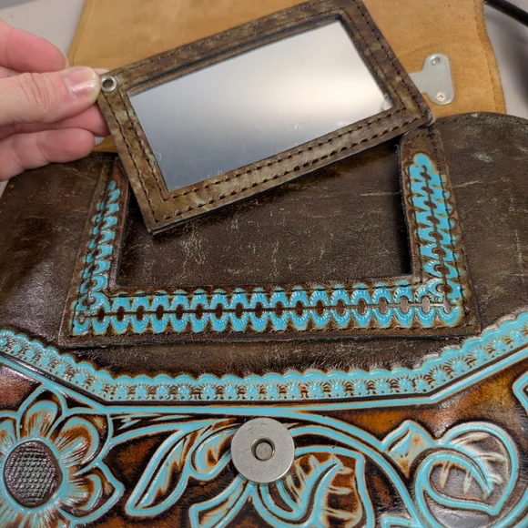 Patricia Nash Brn Leather Stella Flap HandBag w/Intriquite Blue Floral Tooling - Picture 7 of 16